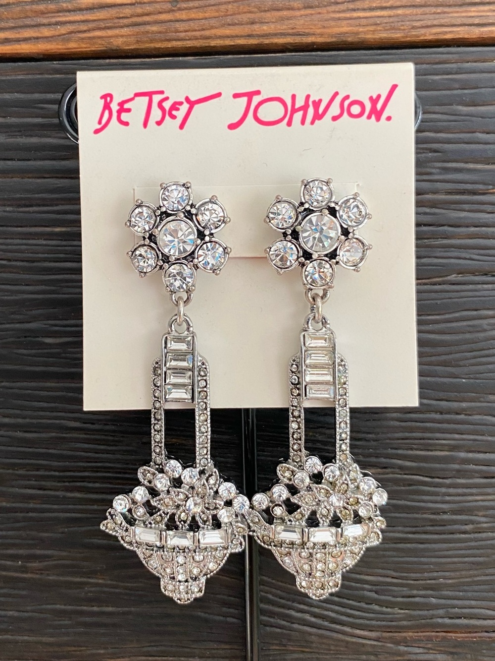 Betsey Johnson Crystal Flower Basket Chandelier Dangle Earrings Silver Tone